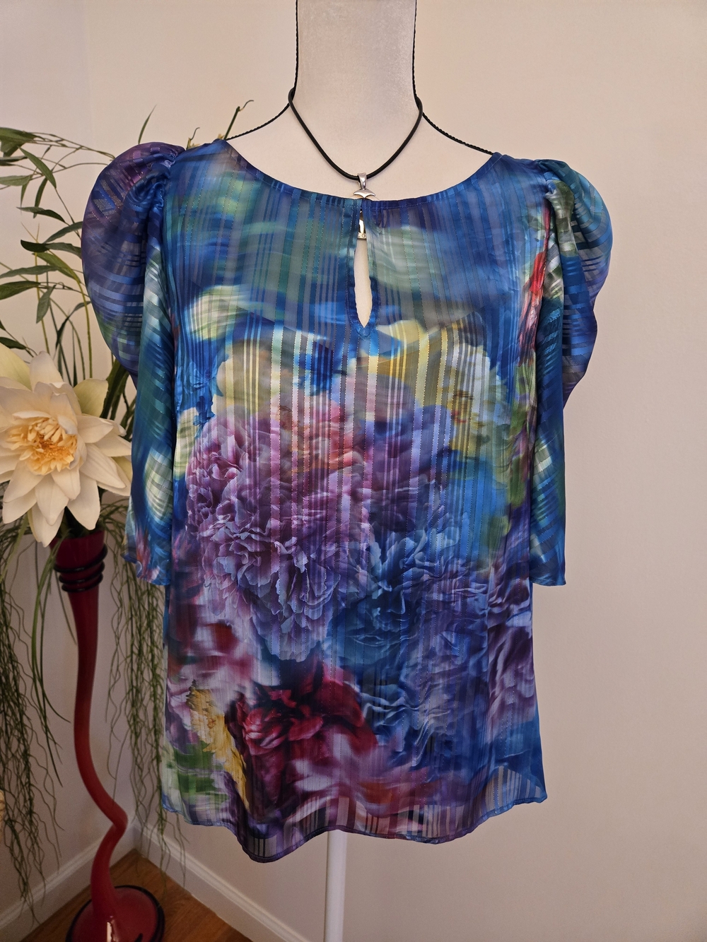 Marchesa Notte — Half Puff Sleeve Keyhole Neckline Top, Jewel Multi Size 16 NWT